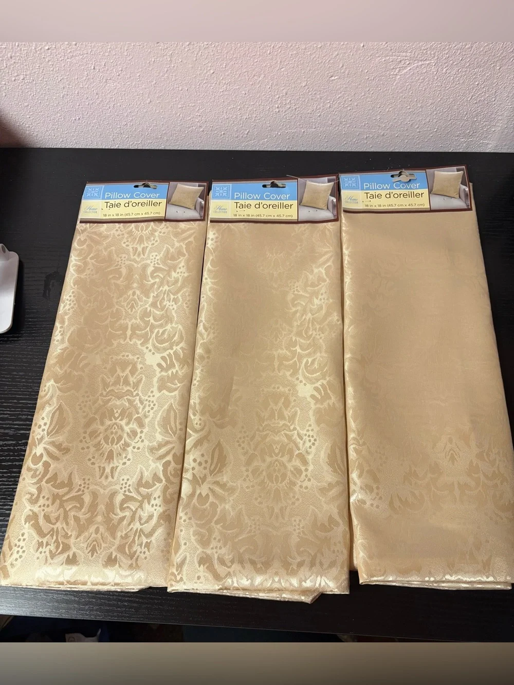 Set of 3 Champagne Gold Floral Damask Decorative Throw Pillow Covers